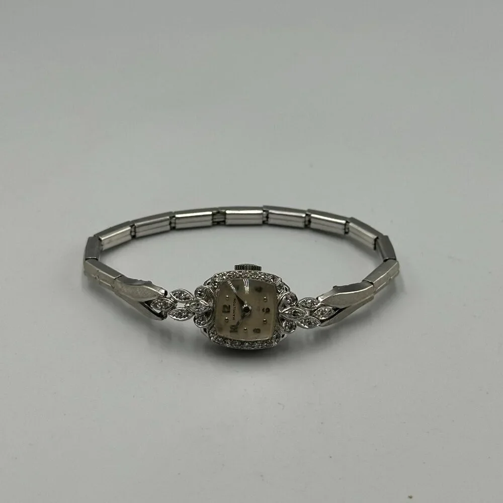 Vintage Hamilton Dinhofer Watch Women Platinum Diamond Bezel Manual Stretch